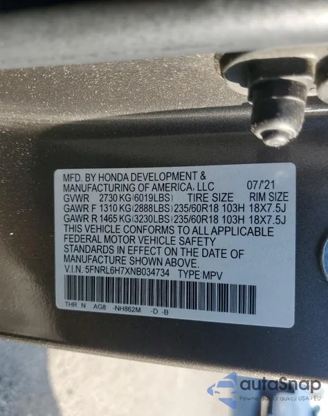 2022 Honda Odyssey Exl из США, поврежденный, VIN 5FNRL6H7XNB034734